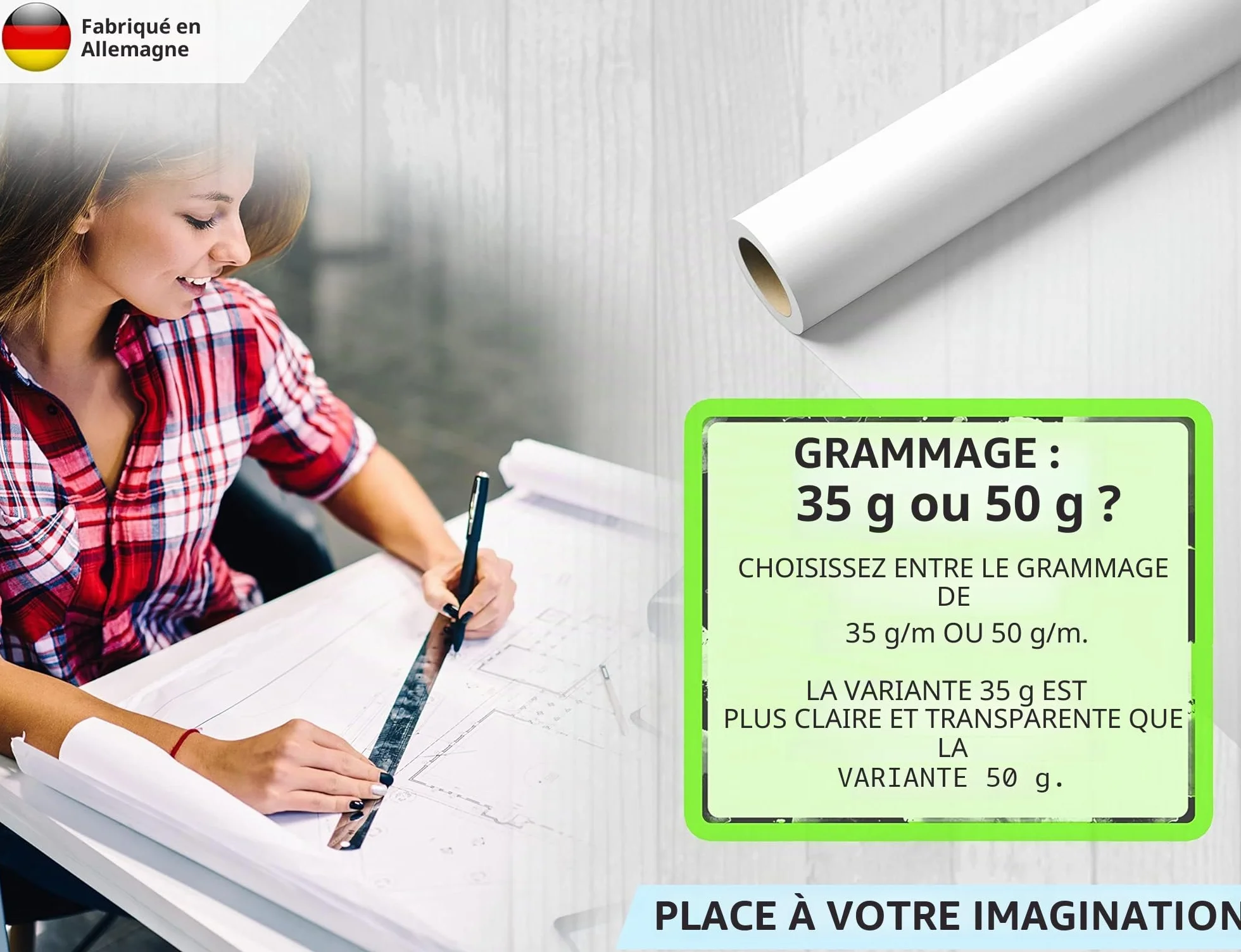 ELES VIDA Rouleau de papier à patron 42 cm x 50 m 35 g/m² - Papier à dessin blanc transparent
