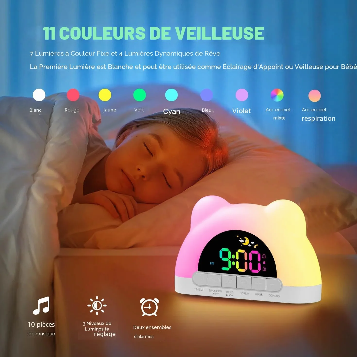 Réveil Numérique Enfant avec Veilleuses RGB, Snooze, Câble USB