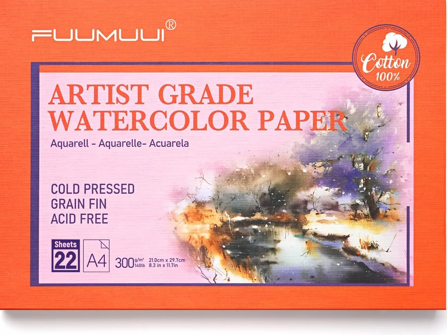 Papier Aquarelle Coton A4 300g - Bloc 22 Feuilles 100% Coton Sans Acide 21x29,7 cm