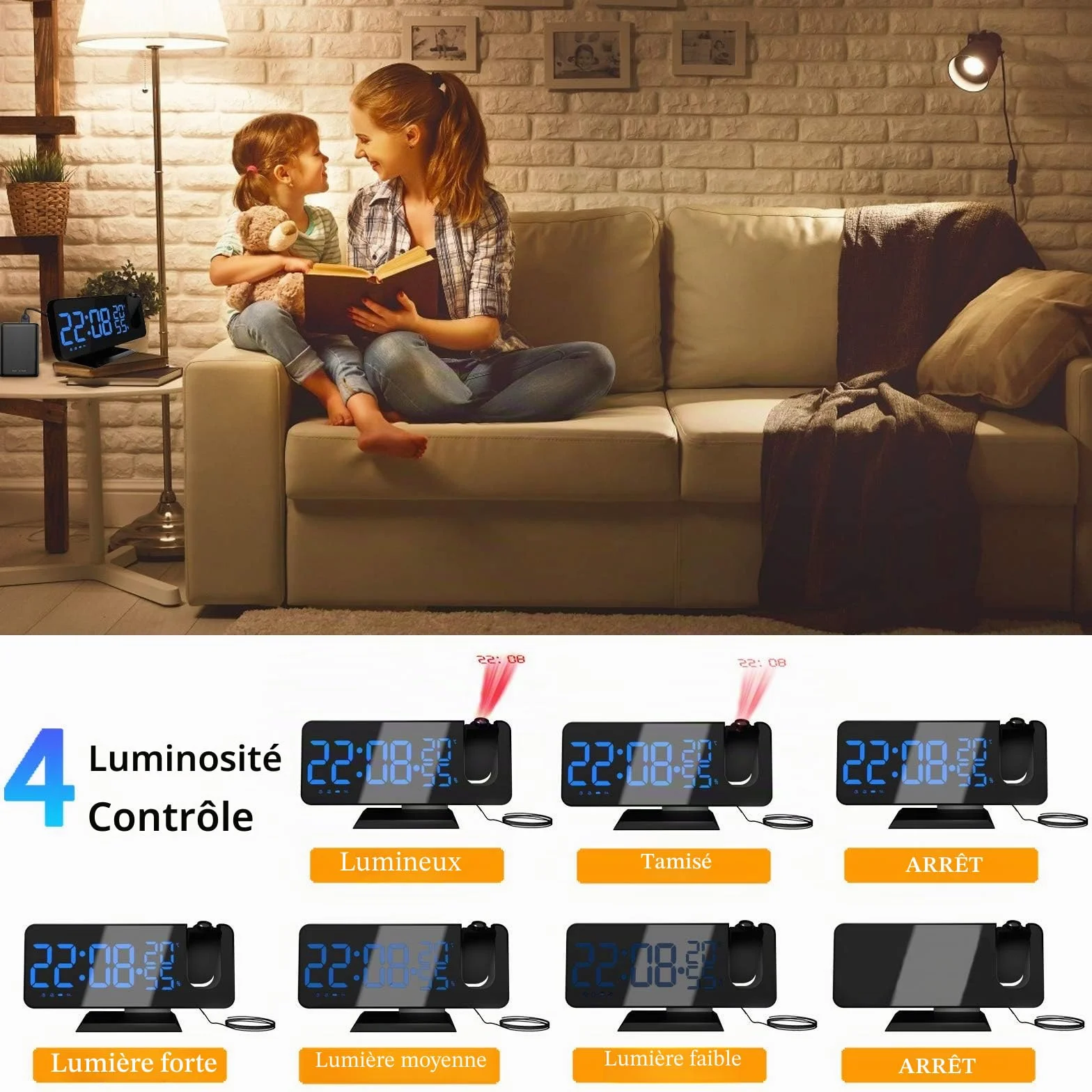 Reveil Projecteur Radio avec Horloge Numérique et Port USB, 3 Niveaux de Luminosité, 15 Volumes, 12/24h