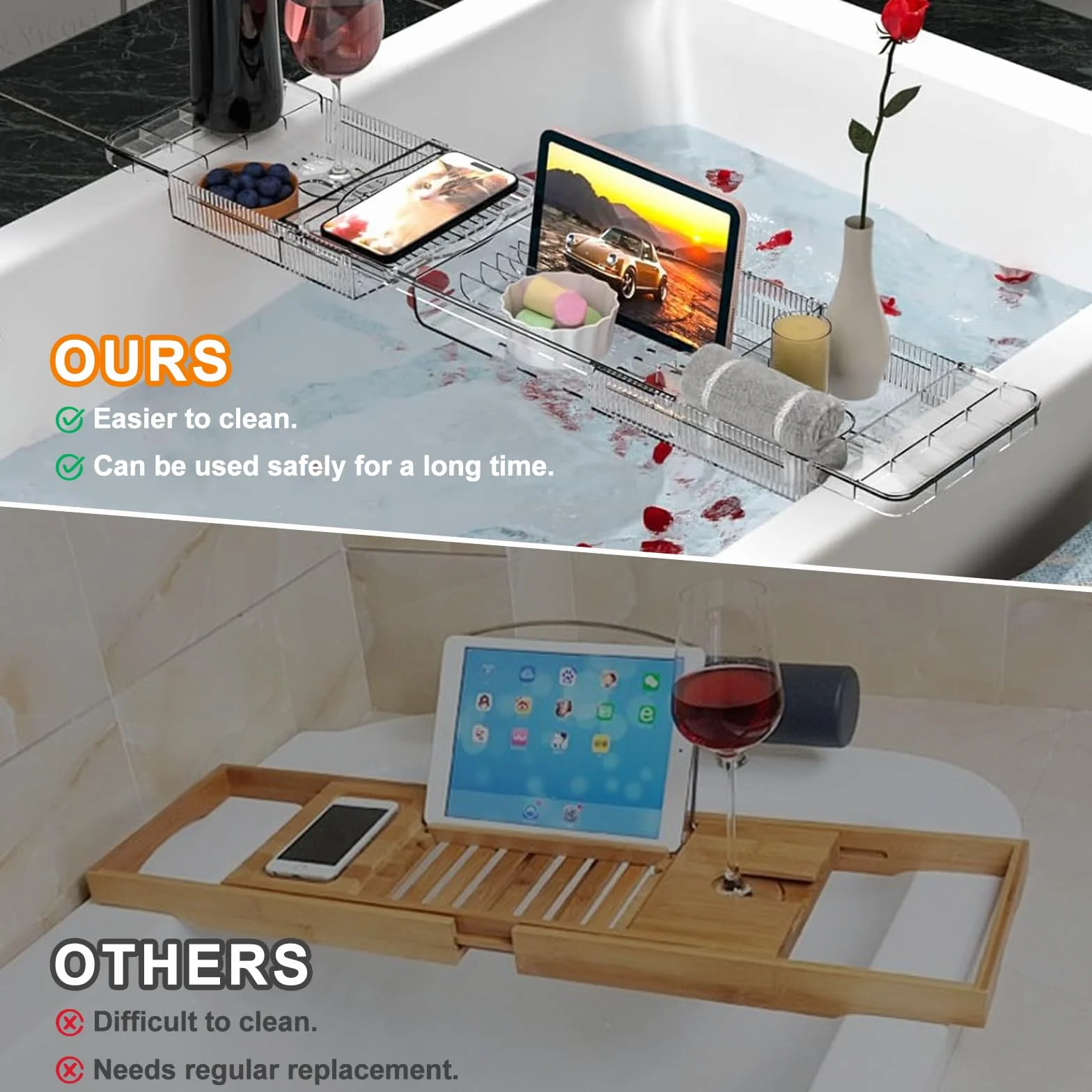 Plateau de baignoire réglable en plastique transparent avec évacuation d'eau