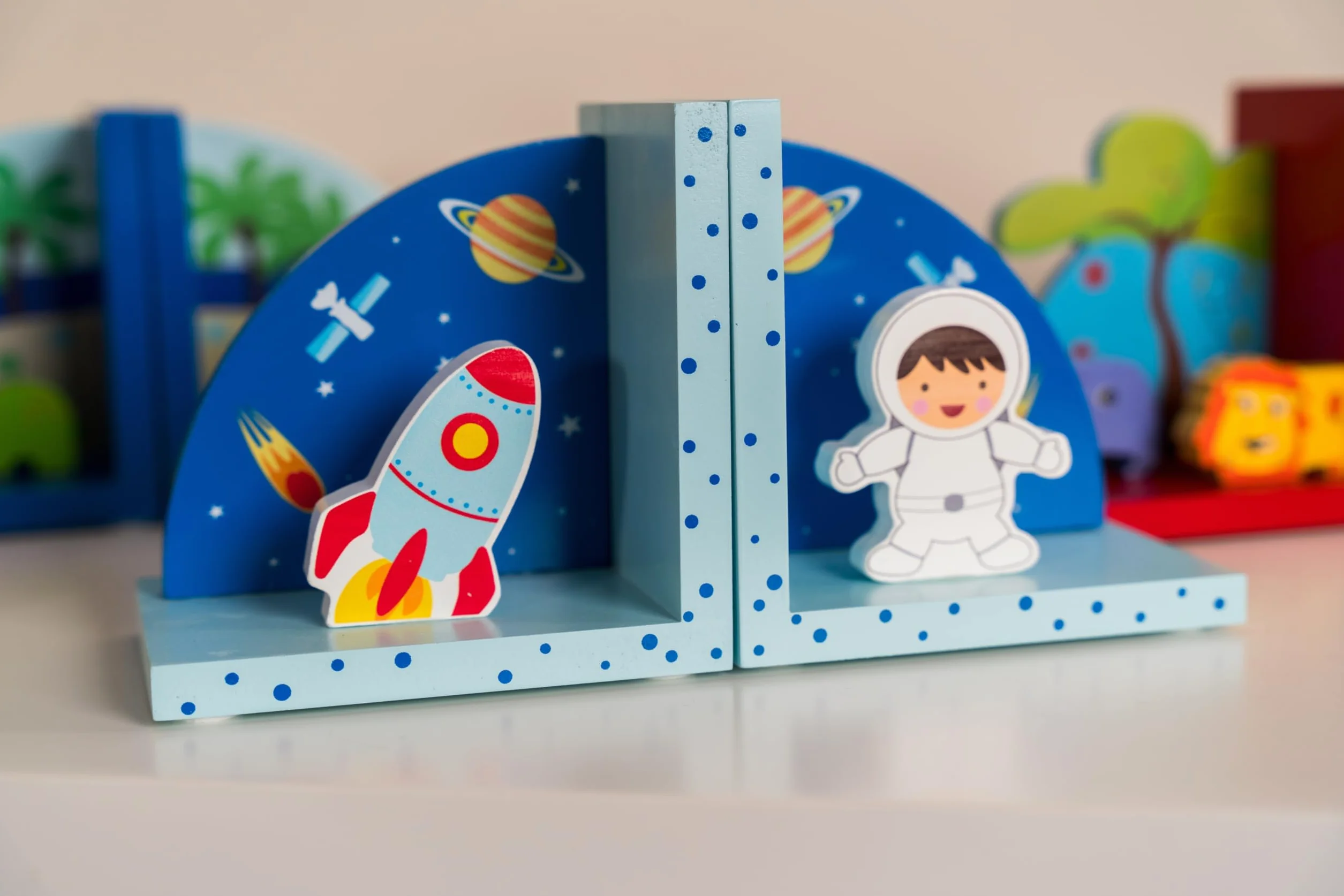 Serre-Livres 3D en Bois Thème Fusée pour Chambre d'enfant