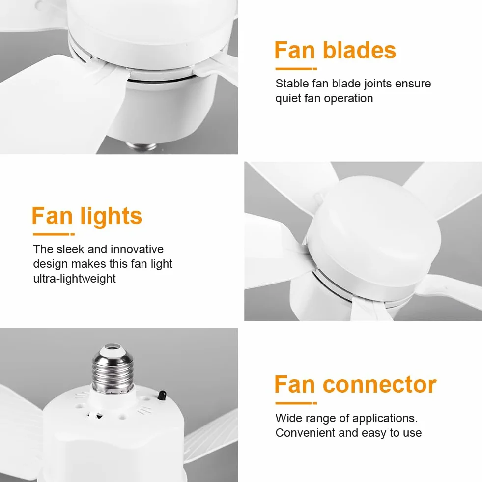 Ventilateur de Plafond avec Lumière LED Dimmable 52cm Silencieux 5 Pales 3 Vitesses Télécommande E27/E26