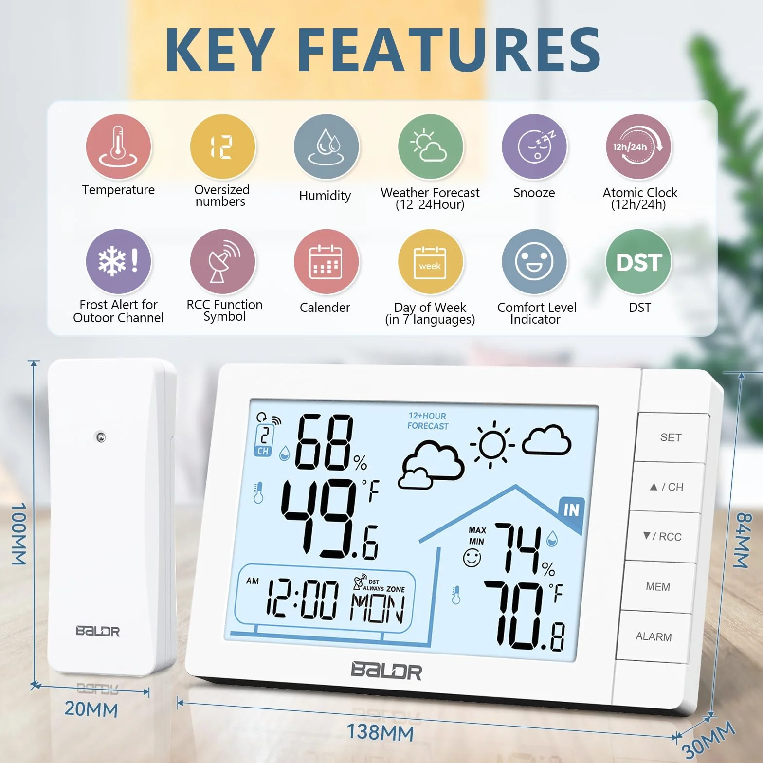 VIVILINEN Station Météo sans Fil avec Capteur Extérieur Thermomètre Horloge Radio-Pilotée Prévisions Hygromètre Alarme Snooze