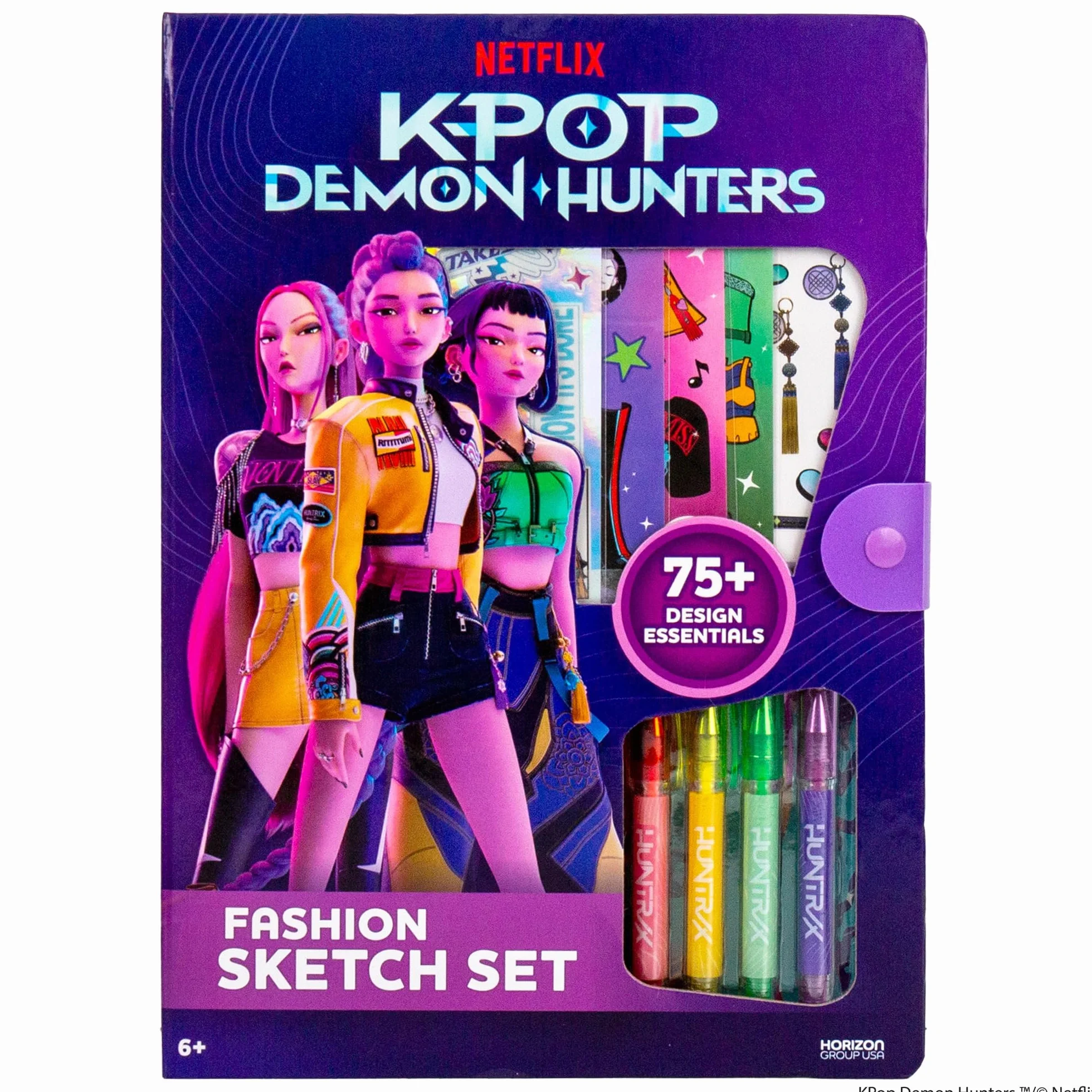 Kpop Demon Hunters Fashion Sketch Set - Livre à colorier, Stylos gel, Autocollants, Pochoirs