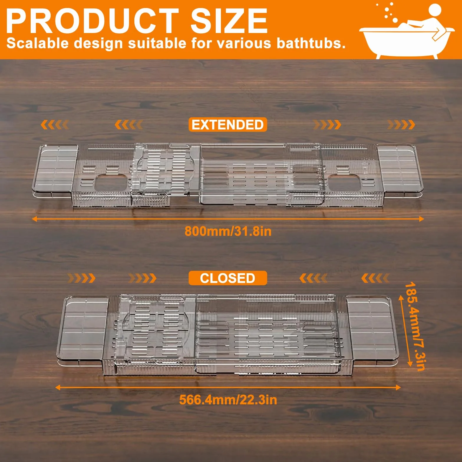 Plateau de baignoire réglable en plastique transparent avec évacuation d'eau