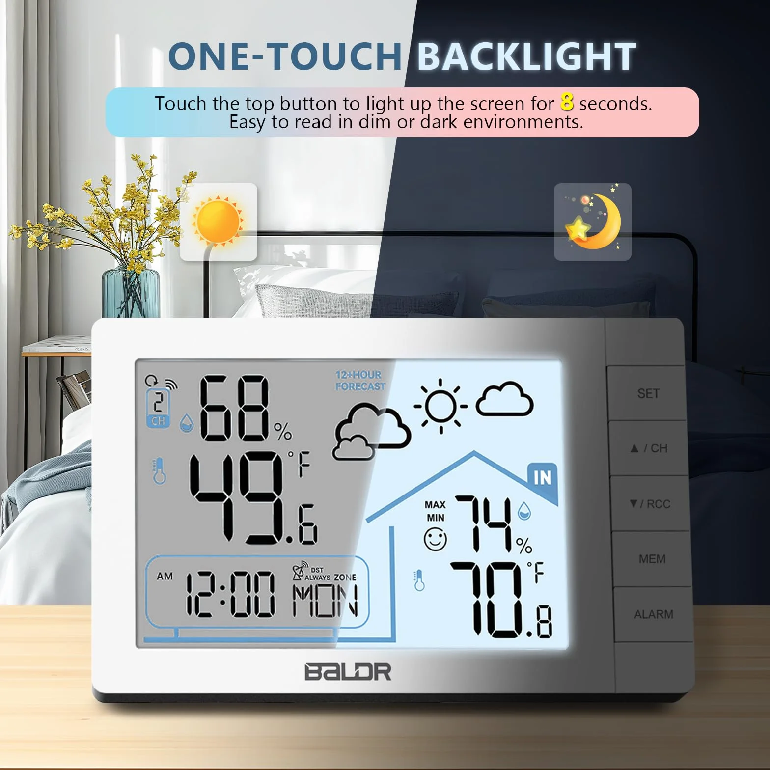 VIVILINEN Station Météo sans Fil avec Capteur Extérieur Thermomètre Horloge Radio-Pilotée Prévisions Hygromètre Alarme Snooze