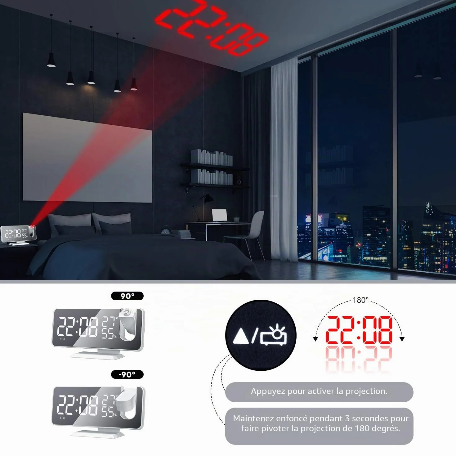 Réveil à Projection 180° Plafond Horloge Numérique Électrique Fonction Snooze 12/24H Volume Réglable Blanc