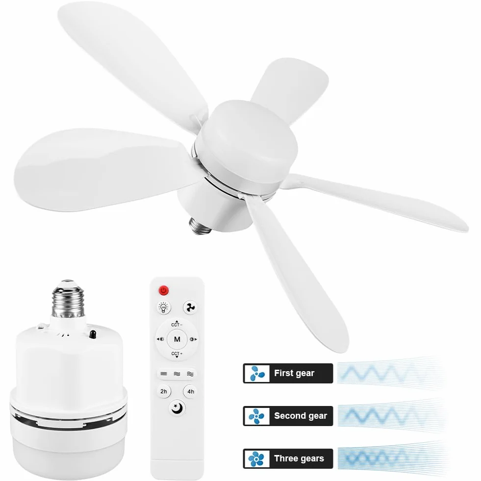 Ventilateur de Plafond avec Lumière LED Dimmable 52cm Silencieux 5 Pales 3 Vitesses Télécommande E27/E26