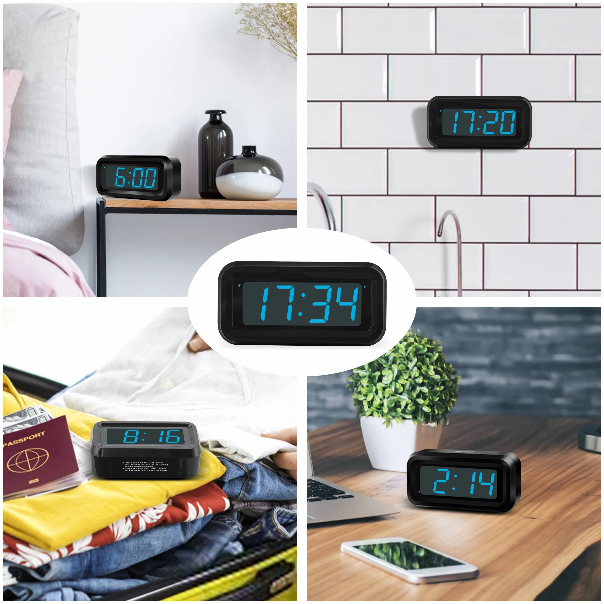 KWANWA Réveil Numérique à Piles, Horloge Avec Luminosité Réglable, Snooze, 12/24H, Gros Chiffres