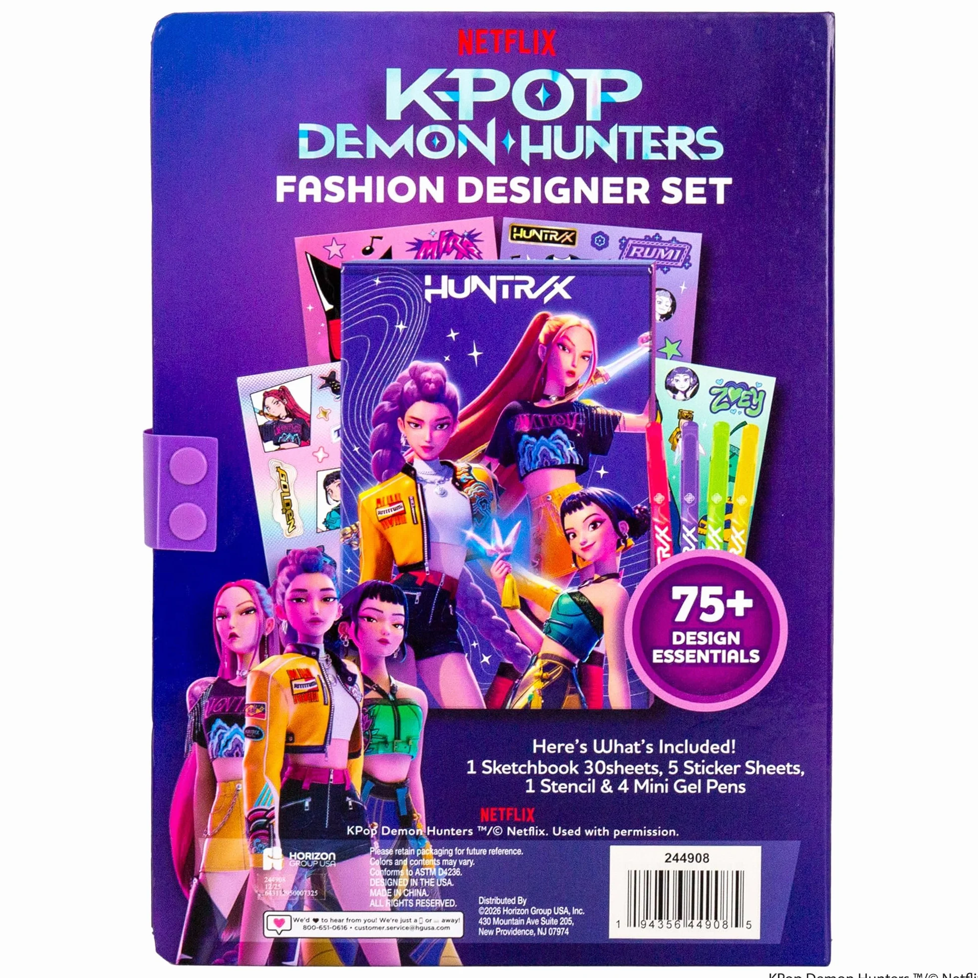 Kpop Demon Hunters Fashion Sketch Set - Livre à colorier, Stylos gel, Autocollants, Pochoirs