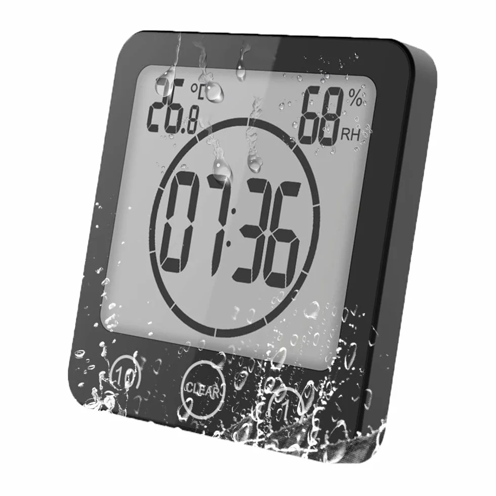 Horloge de Salle de Bain Numérique à Ventouse avec Écran LCD - Affichage Humidité Température et Minuteur - Noir
