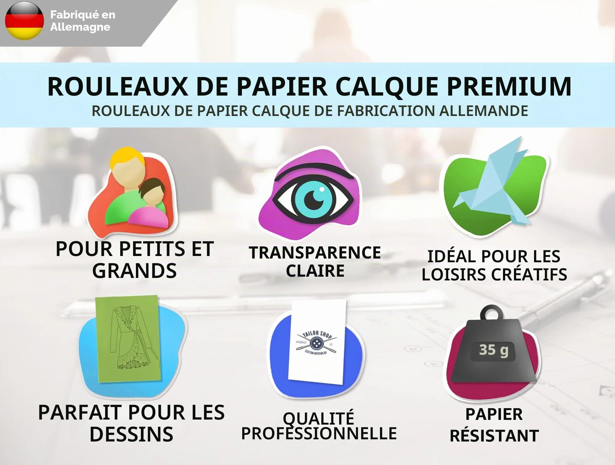 ELES VIDA Rouleau de papier à patron 42 cm x 50 m 35 g/m² - Papier à dessin blanc transparent