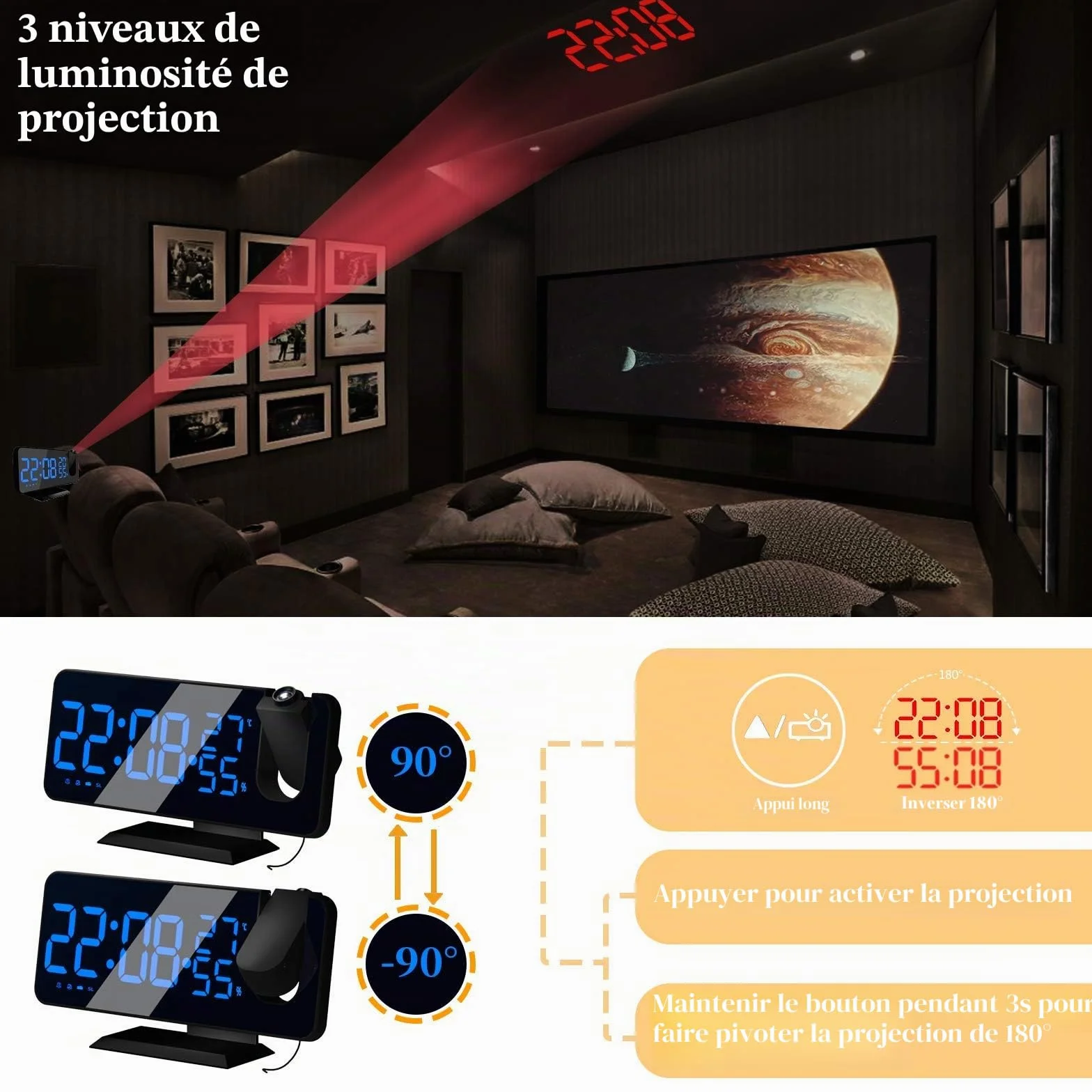Reveil Projecteur Radio avec Horloge Numérique et Port USB, 3 Niveaux de Luminosité, 15 Volumes, 12/24h