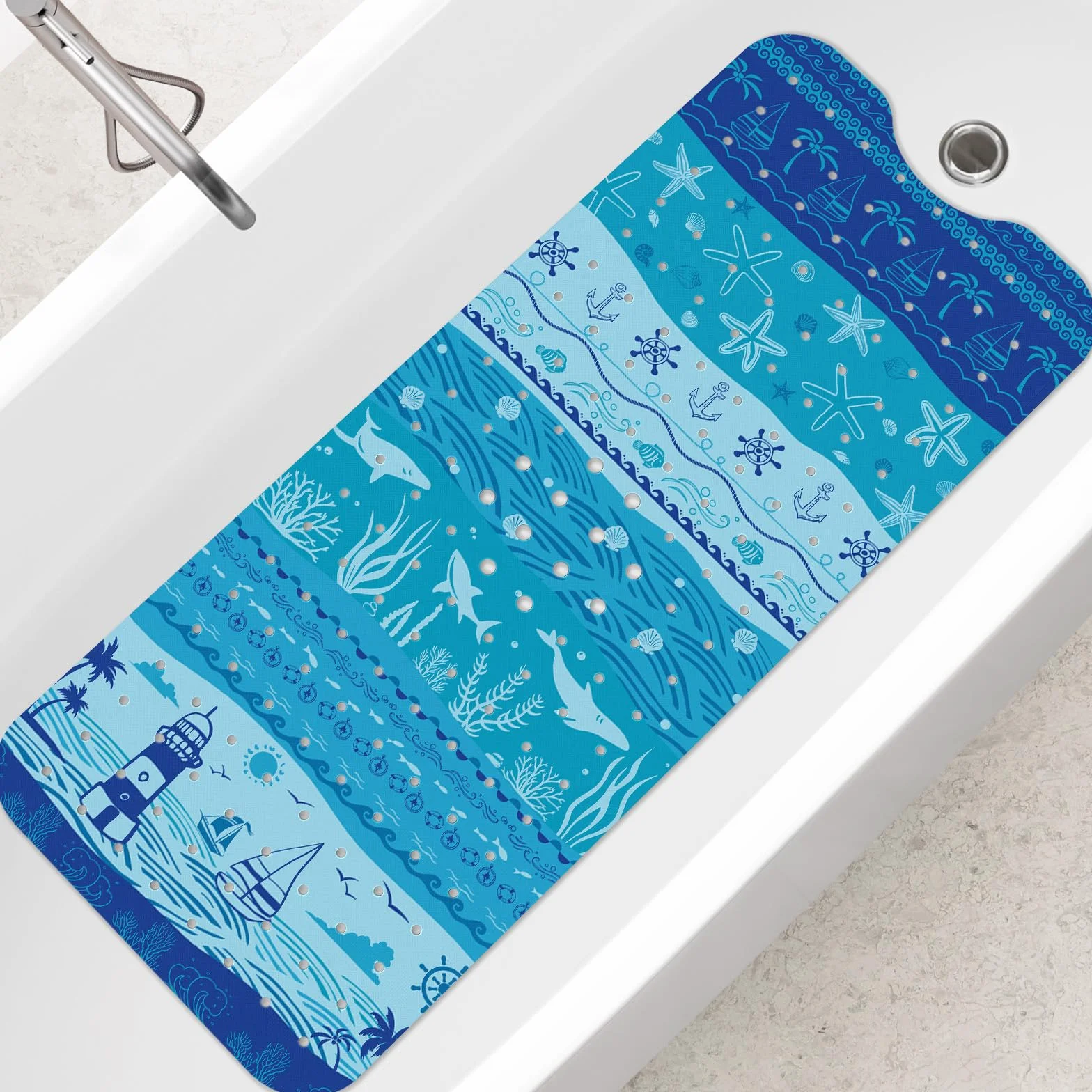 Tapis de Bain Antidérapant Océan Méditerranéen 100 x 40 cm, Lavable en Machine, Résistant à la Moisissure