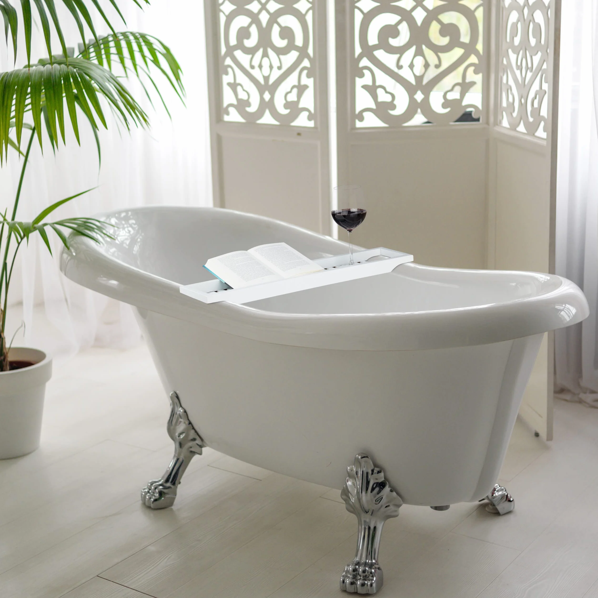 Relaxdays Pont de baignoire tablette en bambou blanc laqué 67.8 x 16.6 x 5.4 cm
