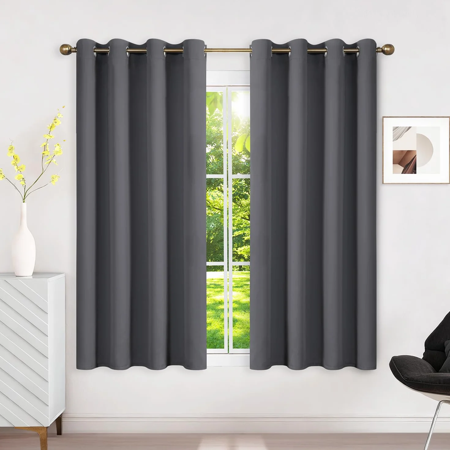 Rideau Occultant Thermique Isolant Anti Chaleur Lot de 2 Gris Foncé 120x140 cm Oeillets Anti UV Bruit