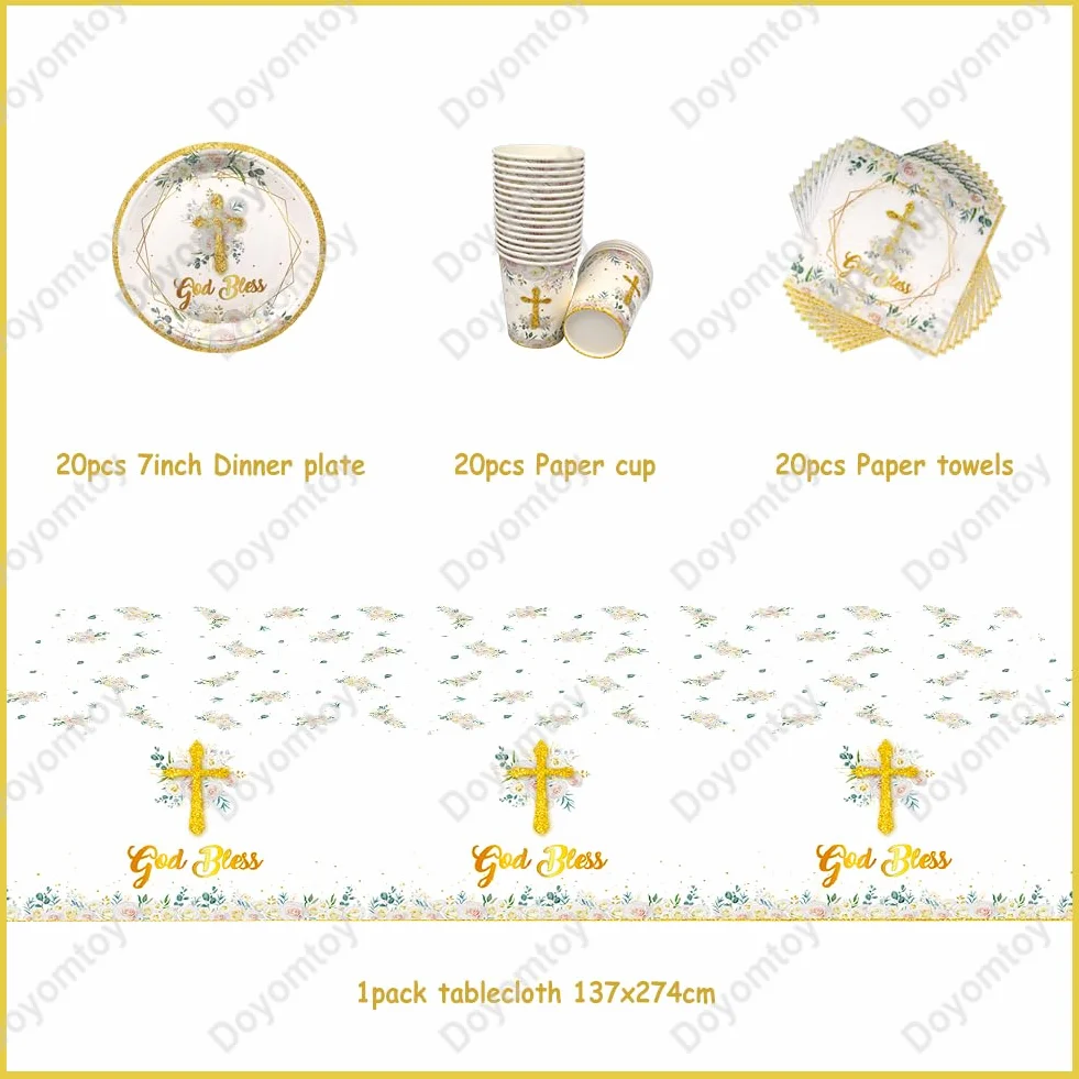 Vaisselle de Fête Communion, Set de Vaisselle Papier pour Première Communion Assiettes Serviettes Tasses 20 Personnes