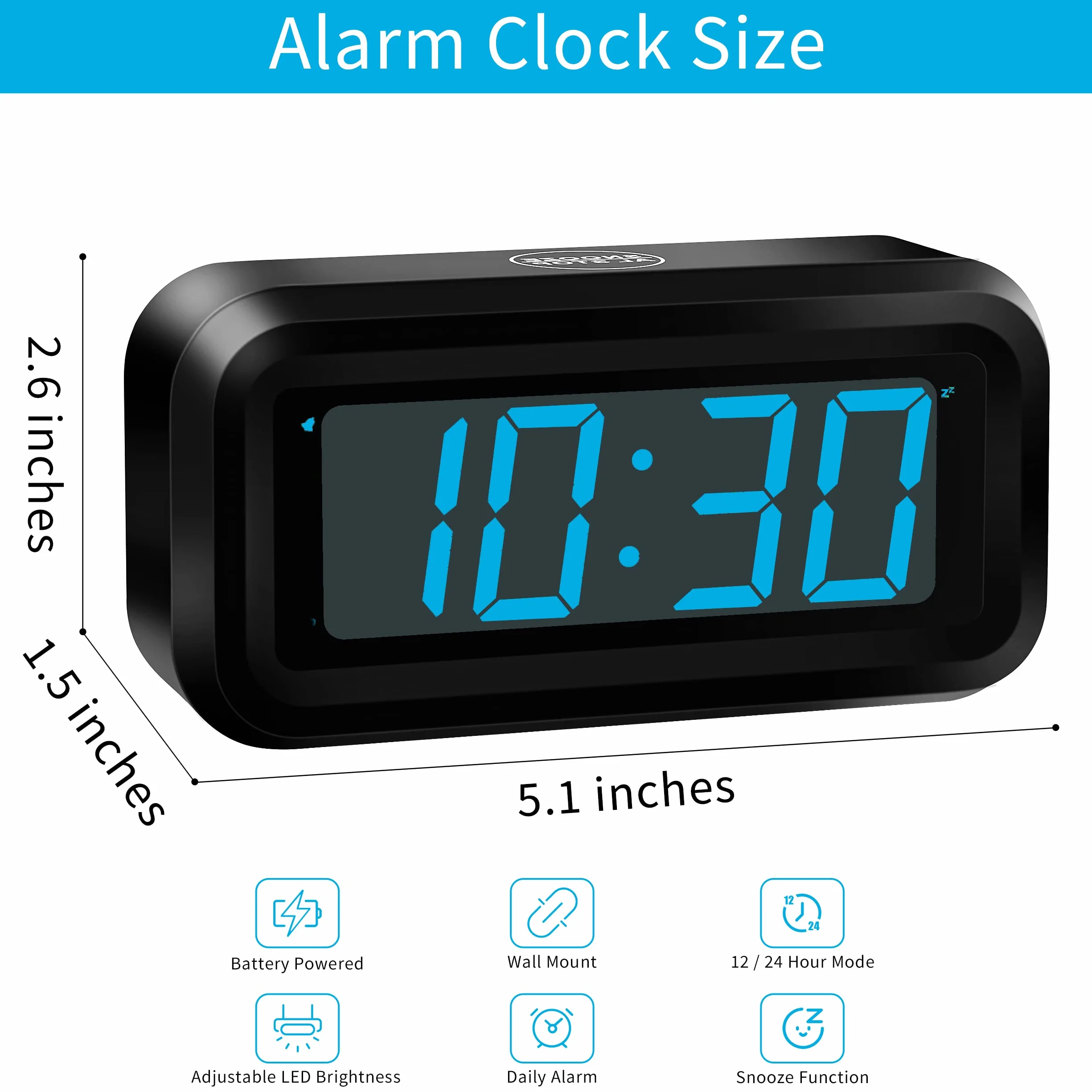 KWANWA Réveil Numérique à Piles, Horloge Avec Luminosité Réglable, Snooze, 12/24H, Gros Chiffres