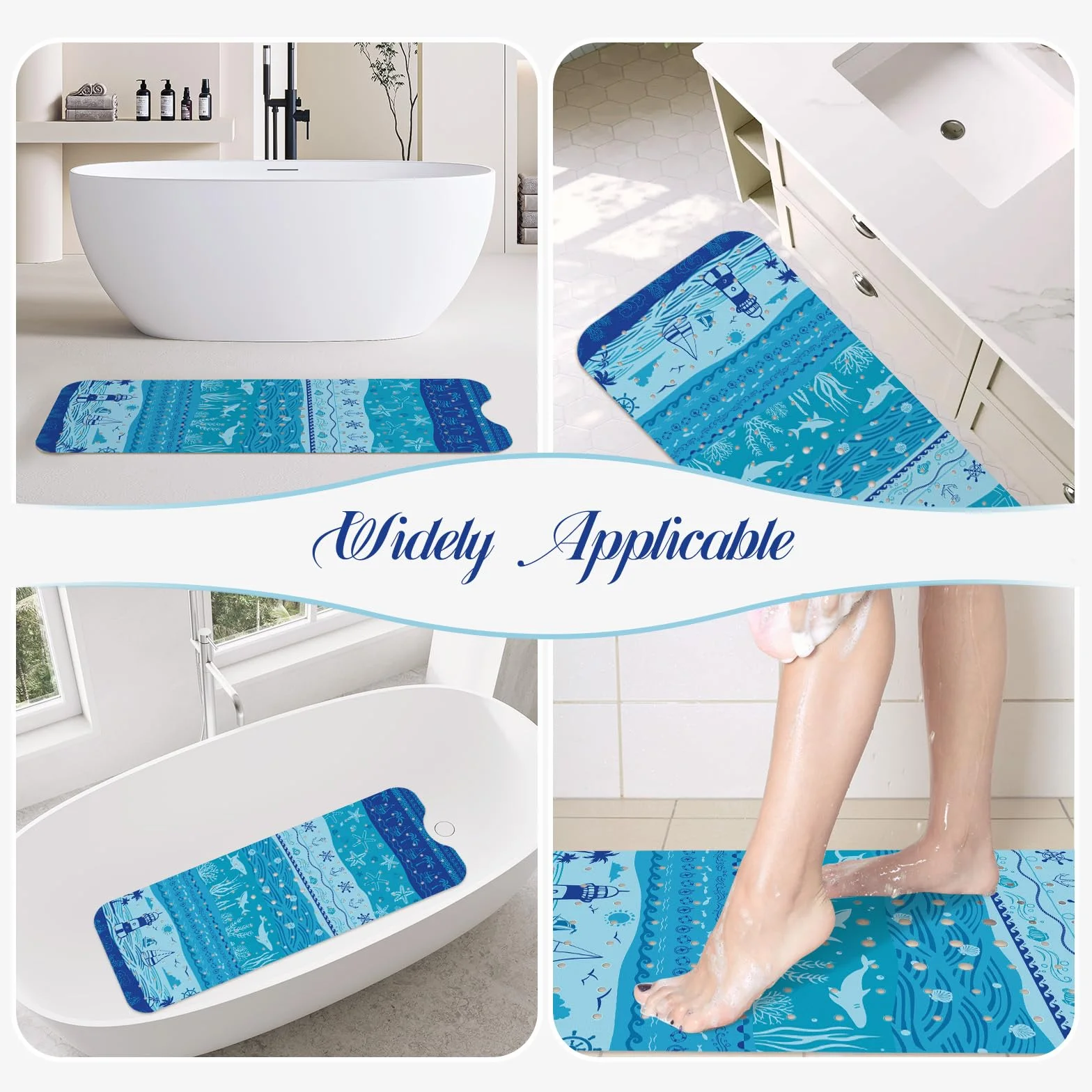 Tapis de Bain Antidérapant Océan Méditerranéen 100 x 40 cm, Lavable en Machine, Résistant à la Moisissure