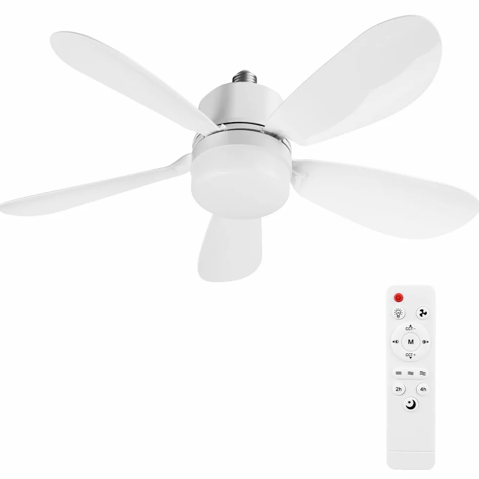 Ventilateur de Plafond avec Lumière LED Dimmable 52cm Silencieux 5 Pales 3 Vitesses Télécommande E27/E26