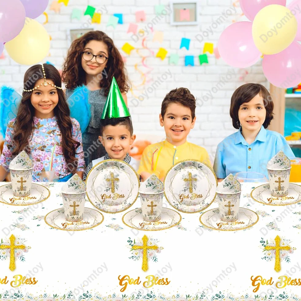 Vaisselle de Fête Communion, Set de Vaisselle Papier pour Première Communion Assiettes Serviettes Tasses 20 Personnes