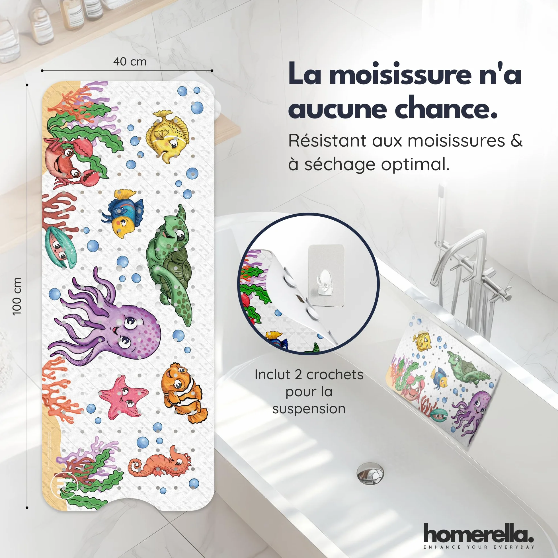 Homerella Tapis de Bain antidérapant 100x40 cm antibactérien