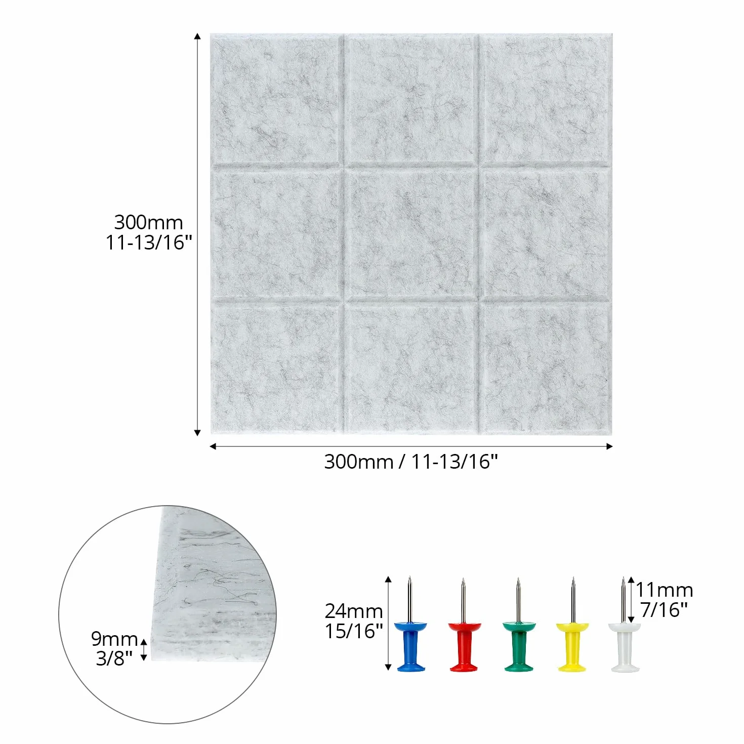 QWORK Lot de 6 Panneaux en Feutre Autocollants 30x30x0.9 cm avec 30 Punaises Tableau Mural