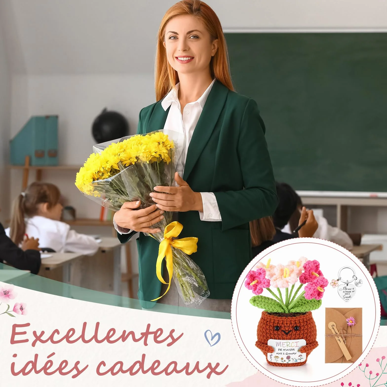 Hicarer 3 Pièces Poupée au Crochet Fait-Main Porte-Clés Carte de Vœux avec Marguerite Cadeau Merci Enseignant Fin d'Année