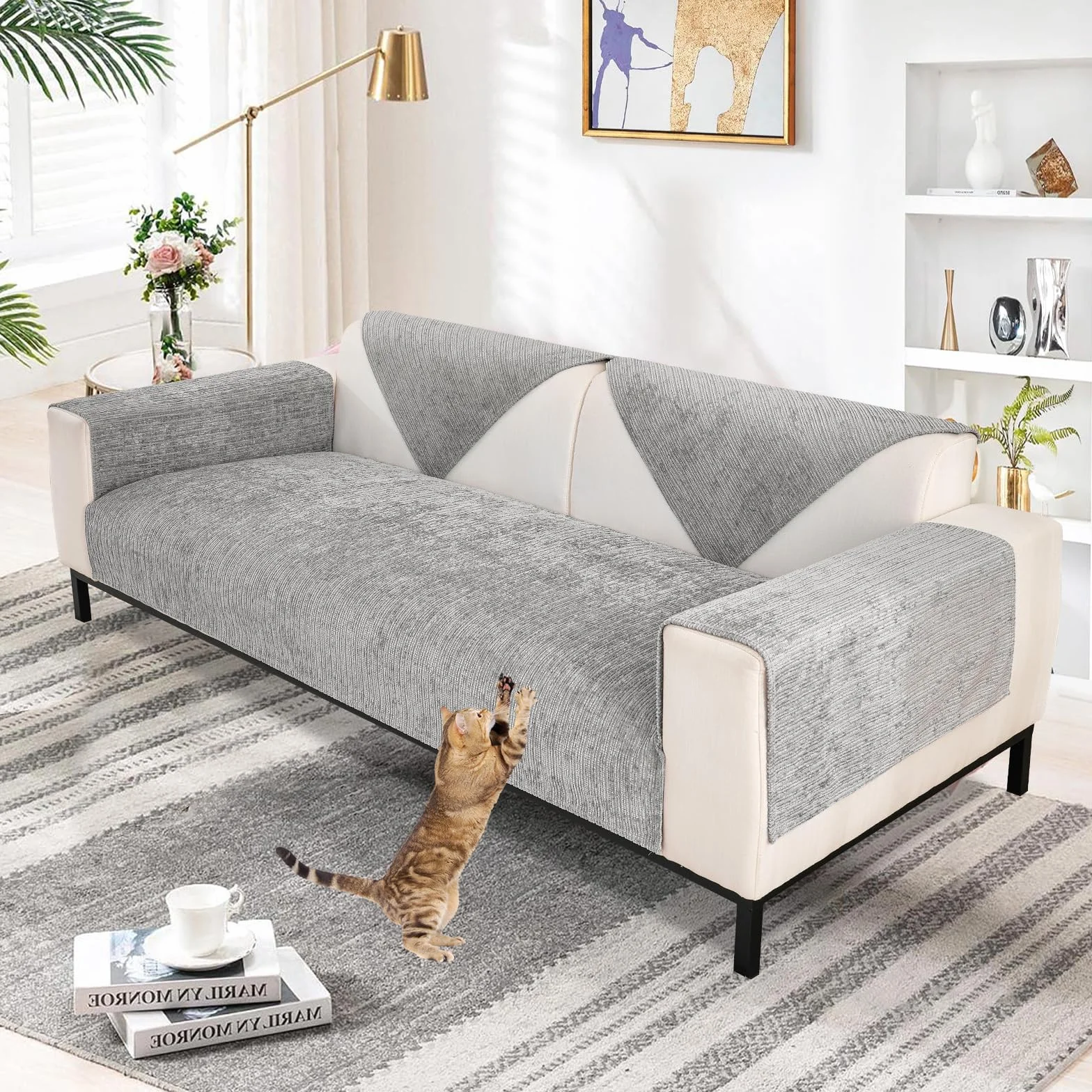 SHANNA Housse de Canapé Épais en Forme de L 90 x 160cm Antidérapante Fausse Fourrure Gris
