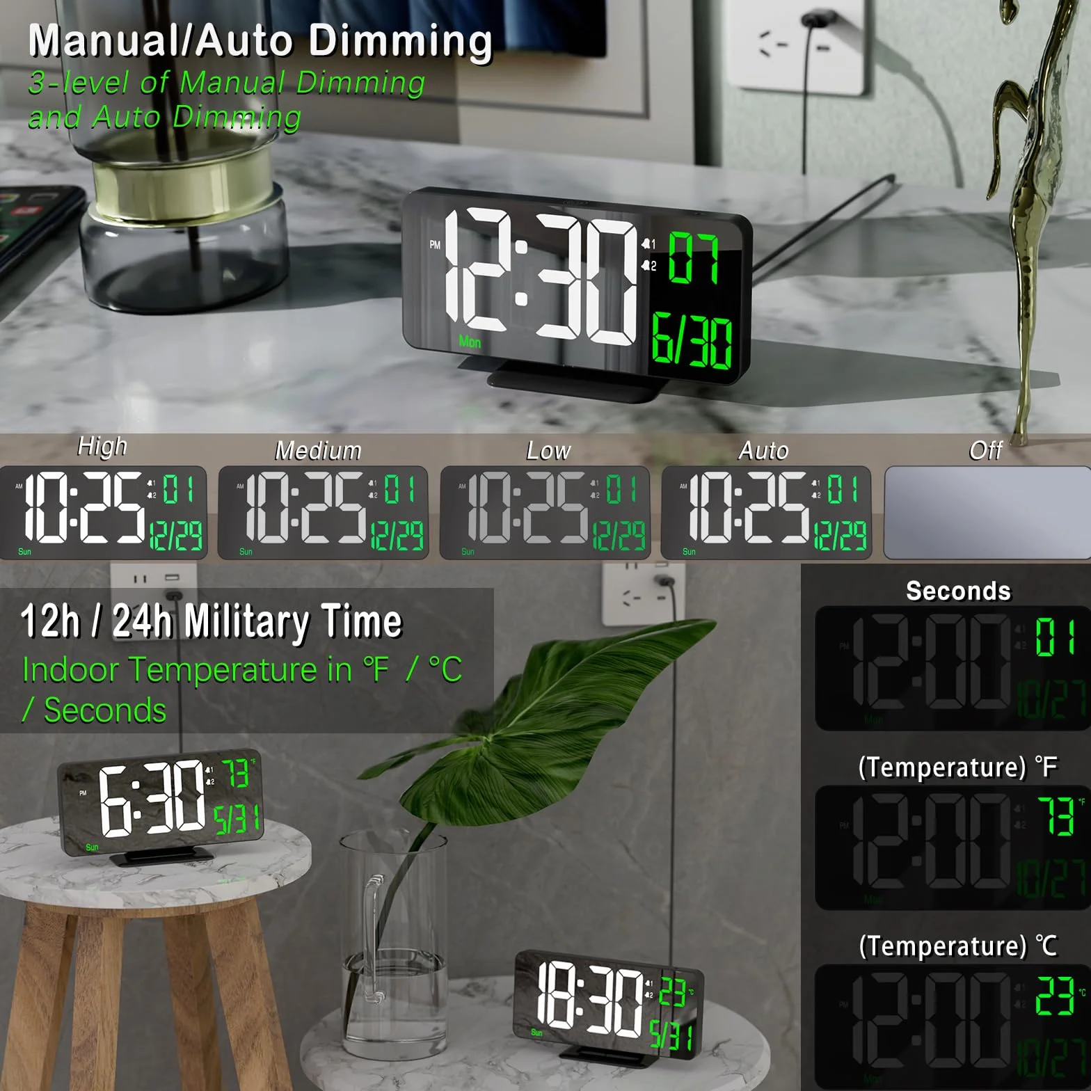 KOSUMOSU Horloge de Table Numérique 6,7 Pouces Double Alarme LED