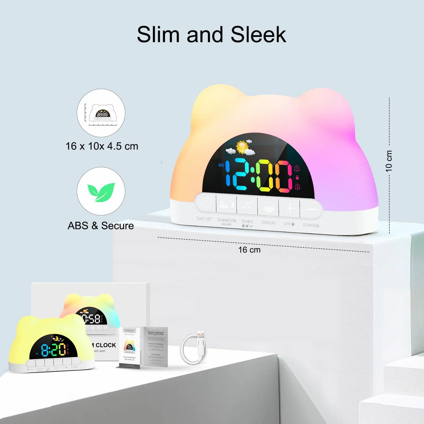 Réveil Numérique Enfant avec Veilleuses RGB, Snooze, Câble USB