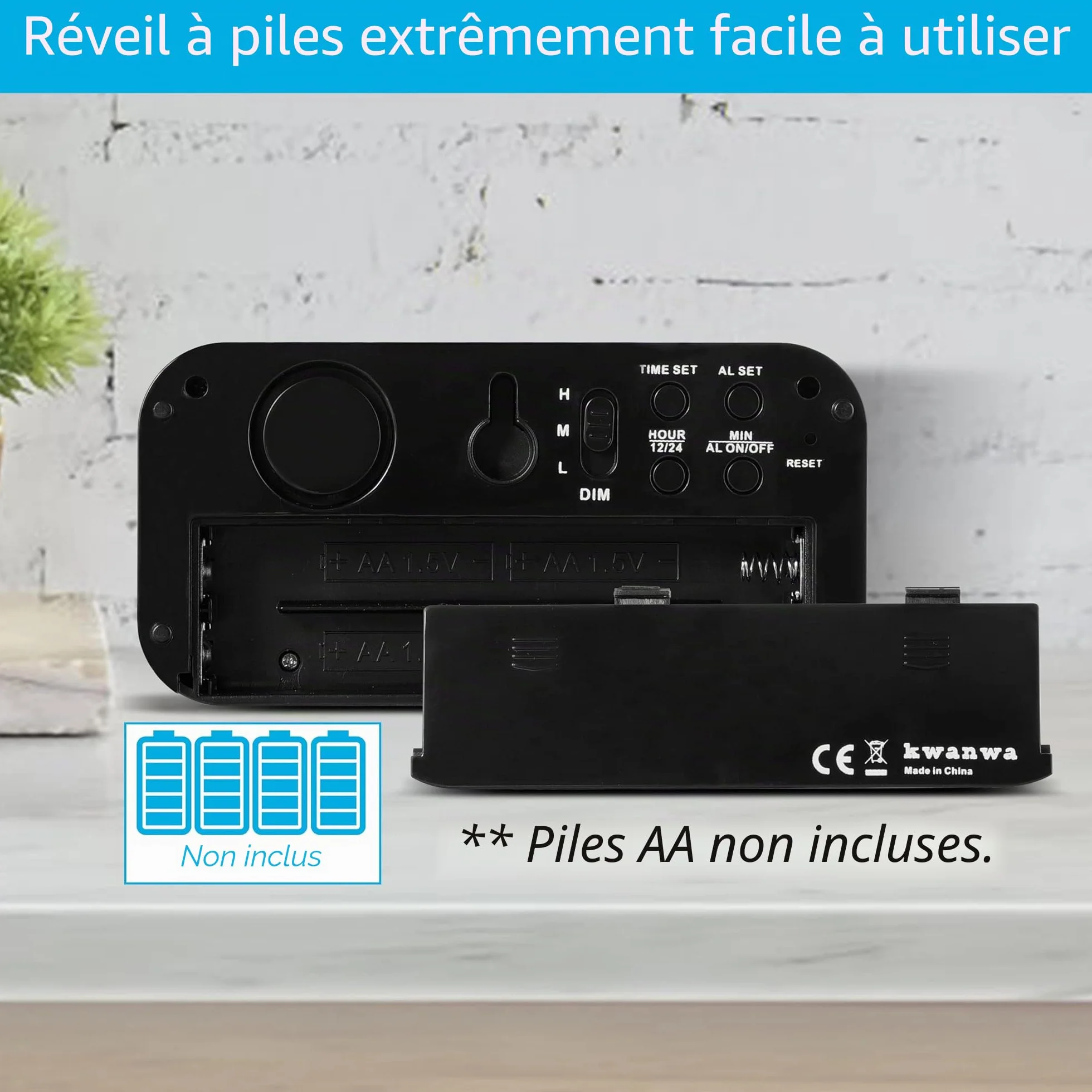 KWANWA Réveil Numérique à Piles, Horloge Avec Luminosité Réglable, Snooze, 12/24H, Gros Chiffres