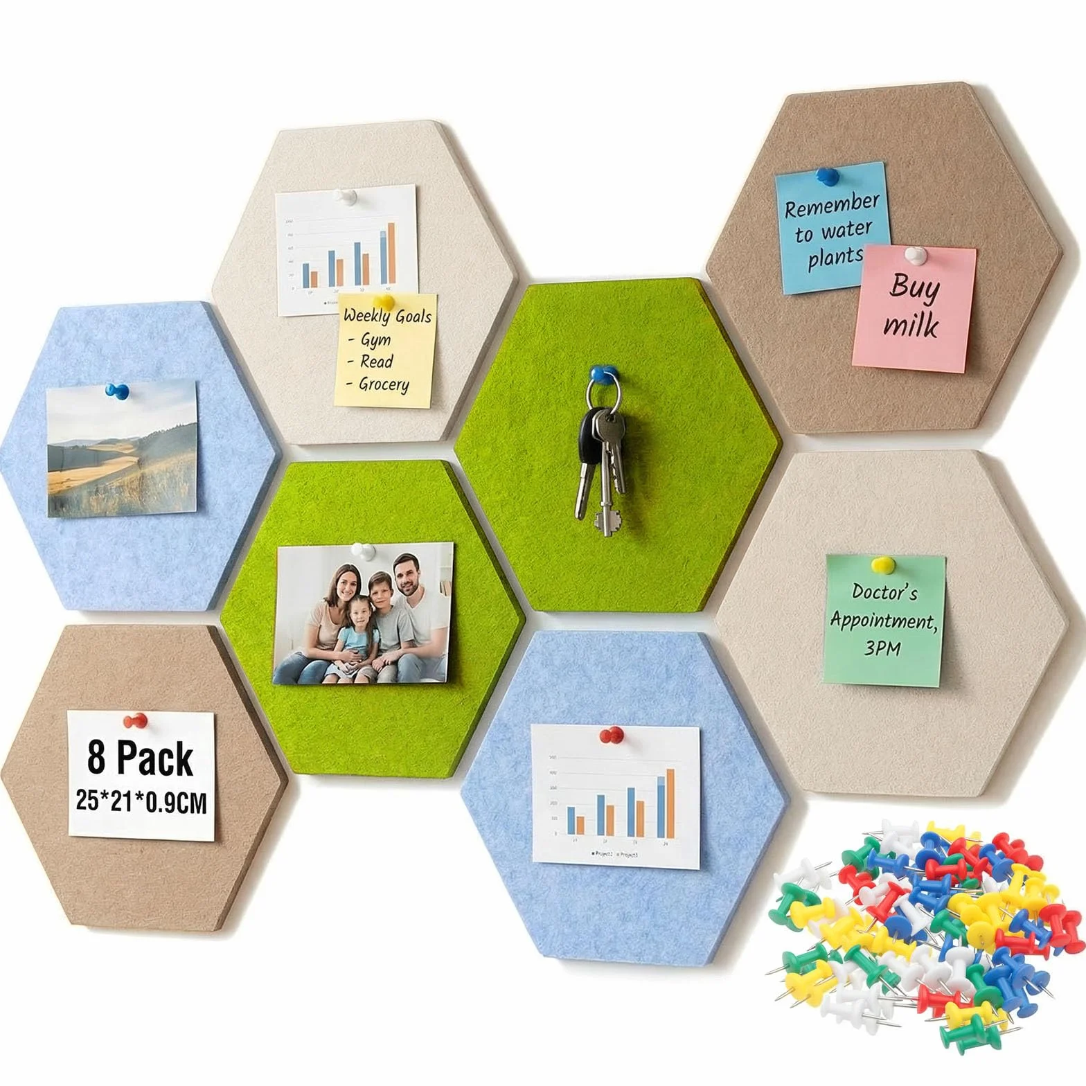 Tableau d'affichage en feutre hexagone 8 pièces avec 50 punaises murales autocollantes pour photos décoration