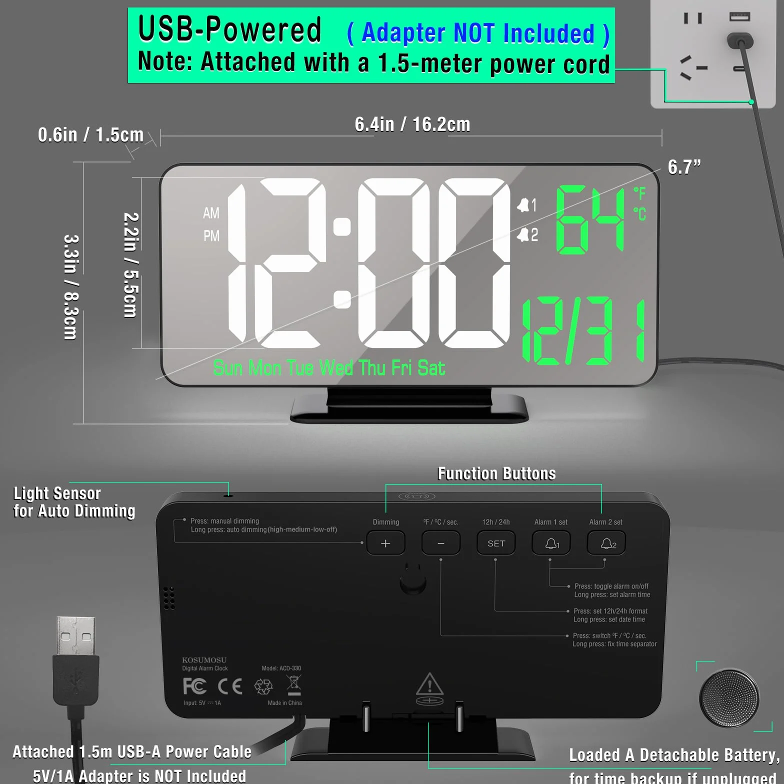 KOSUMOSU Horloge de Table Numérique 6,7 Pouces Double Alarme LED