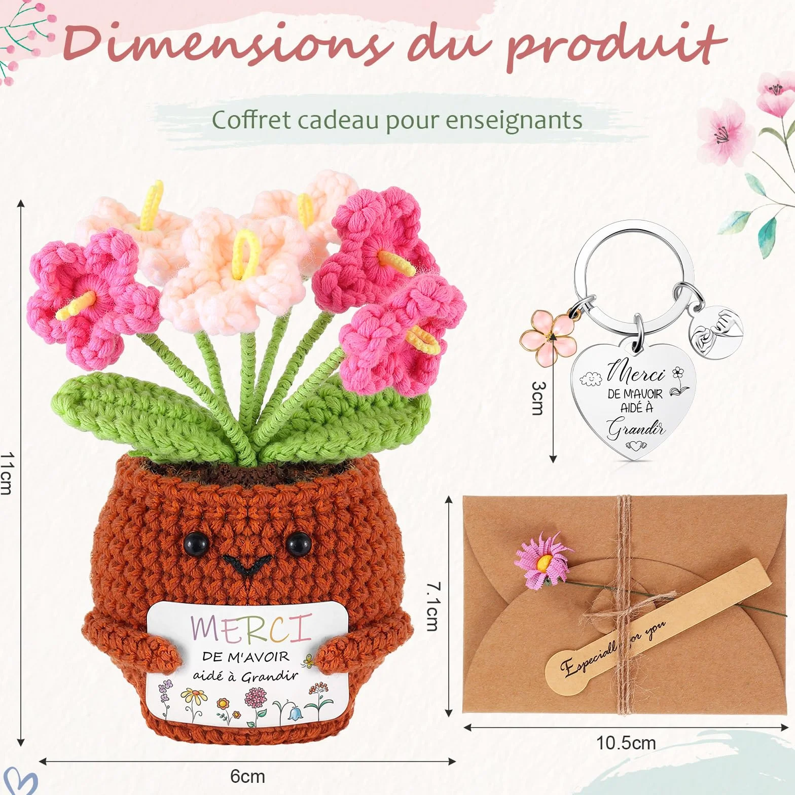 Hicarer 3 Pièces Poupée au Crochet Fait-Main Porte-Clés Carte de Vœux avec Marguerite Cadeau Merci Enseignant Fin d'Année