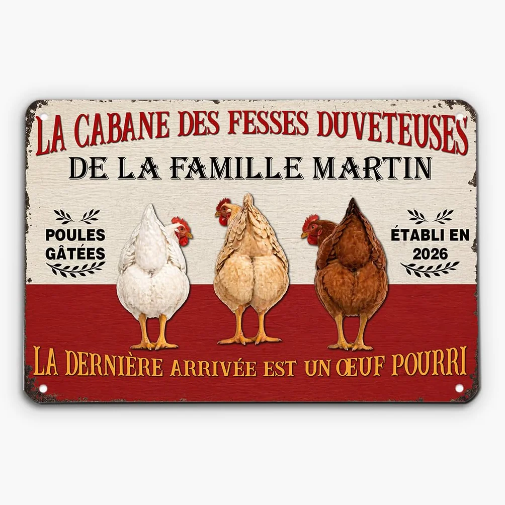 Plaque Personnalisée Les Poules Choyées Vivent Ici - Panneau Décoratif Extérieur Métal